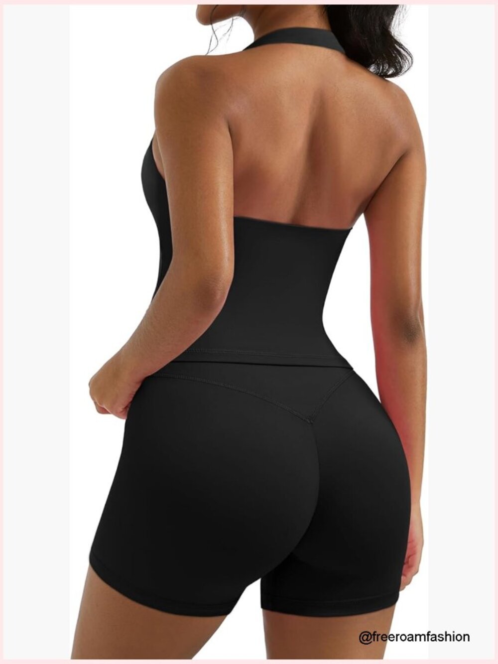 Halter Sports Bra Tank & Biker Shorts Outfit Set Built in Bra